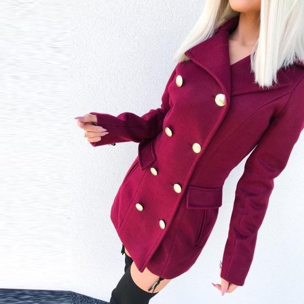 

women's wool & blends women casual lapel overcoat autumn winter solid fashion long sleeve coat outwear elegant double-breasted lady jac, Black