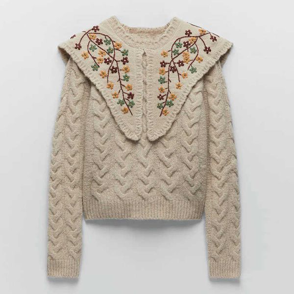

za embroidery applique knit sweater women long sleeve vintage floral pullover knitted female winter embroided sweaters 210602, White;black