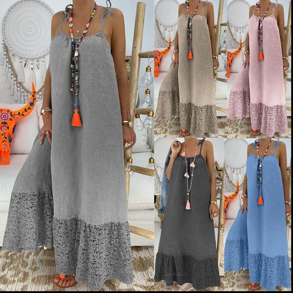

summer loose spaghetti strap maxi slip beach long lace lady vestidos solid large sundress sleeveless backless linen dress, Black;gray