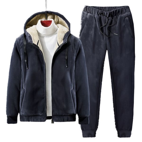 

men's tracksuits winter fleece men sets thick hoodies+pants suit zipper hooded sweatshirt sportswear set male hoodie sweatsuits 4x, Gray