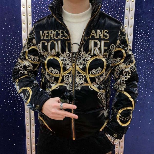 

winter new bright face warm coat court gold stamping printing down jacket men's fashion, Black
