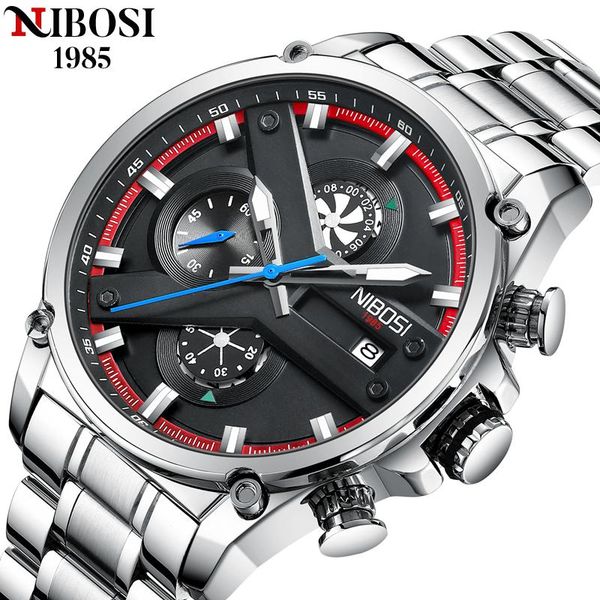 

wristwatches nibosi mens watches 2022 luxury casual sport quartz male clock with chronograph stainless steel relogio masculino, Slivery;brown