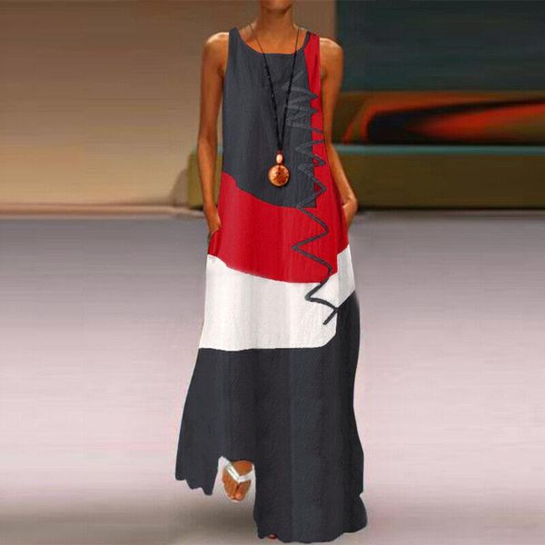 

women plus size linen dress daily sleeveless vintage patchwork bohemian o neck maxi dresses off shoulder dress party, Black;gray