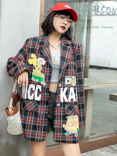 

women's suits & blazers spring and autumn fashion plaid loose large size mid-length street style suit jacket, White;black