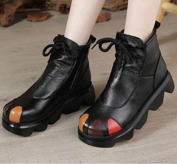 

boots 2021 women real leather short ankle with thick soles english style women's shoes cake sole1, Black