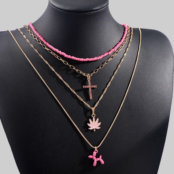 

chains boho pink multi-layer poodle balloon dog beaded necklace for women girls shiny crystal cross metal chain necklaces jewelry gift, Silver