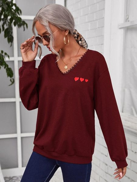 

heart print guipure lace trim v neck sweatshirt d2g2#, White;black