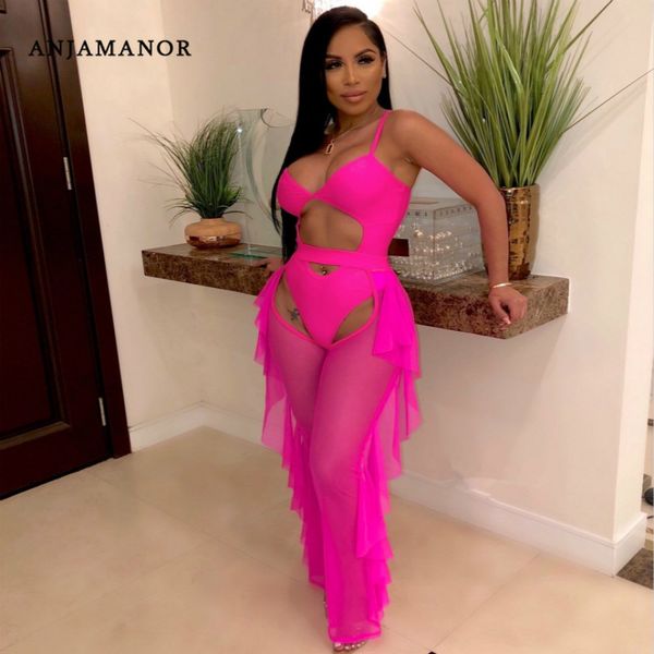 

neon orange summer 2 piece set ruffle sheer mesh pant suits for women beach party night out club outfits d45-ac99, White