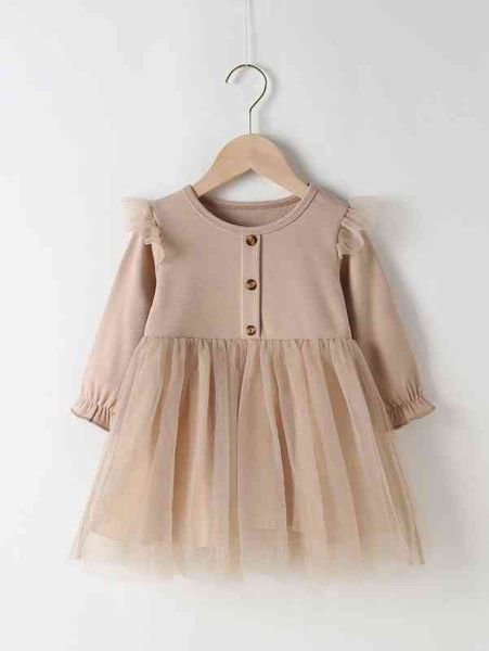 

baby contrast mesh ruffle trim fake button flounce sleeve dress she, Red;yellow