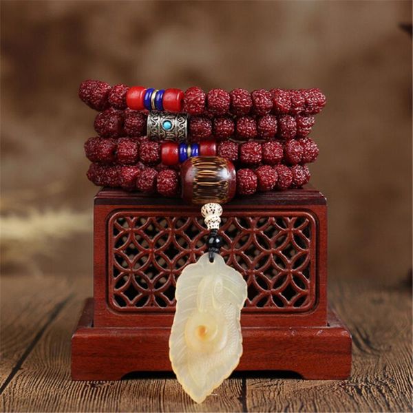 

beaded, strands original authentic nepalese machine brush tibetan five-petal rudraksha beads bracelet 108 mala with sheep horn snail pendant, Black