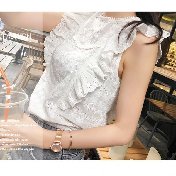 

flounce shoulder o-neck embroidery lace blouse white ruffle sleeveless blouses women summer casual women's & shirts