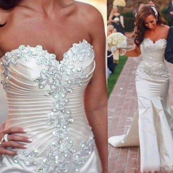 

gorgeous mermaid weddding dresses satin crystals beaded wedding gown lace applique sweep train sweetheart neckline custom made vestido de no, White
