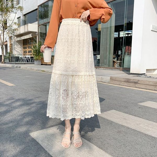 

skirts 2021 woman a-line lace high waist fairy spring elegant mujer faldas japan korean cottagecore hollow out solid long, Black