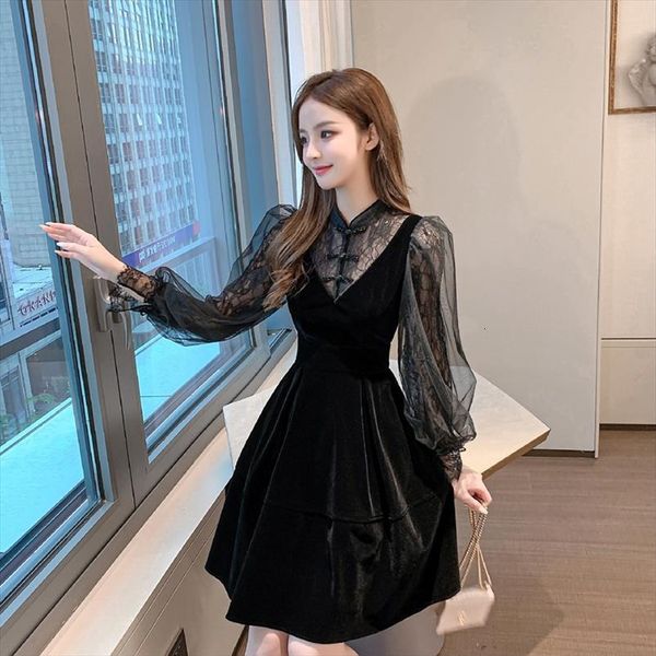 

french style lace women dresses one piece korean spring high waist black 6308, Black;gray