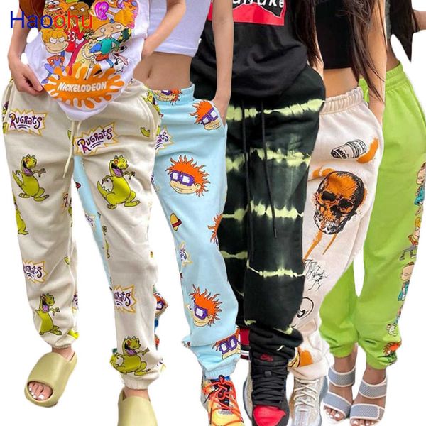 HaooHu Streetwear Karikatür Kafatası Baskı Kadınlar Pantolon Sonbahar Elastik Yüksek Bel Pocket Pantolon Kentsel Draped Joggingger Pantolon Sweatpants 211006