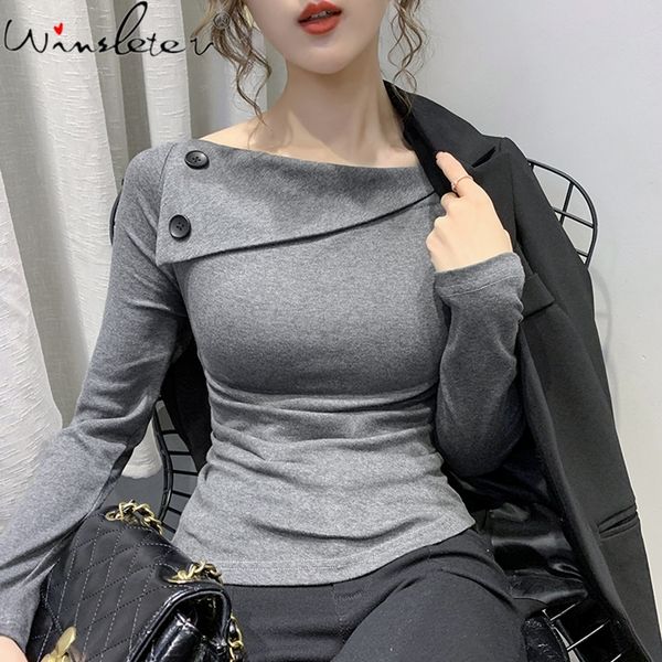 

summer t shirt women fashion tshirt female clothing solid long sleeve cowl neck girls cotton tees for femme t-shirt t07612b 210309, White