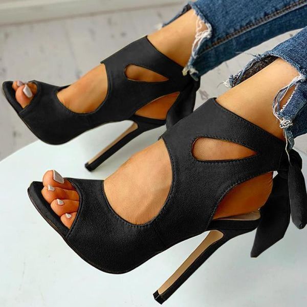

dress shoes summer pumps women sandals fashion party lace up peep toe casual high heels ladies heel plus size 2021, Black