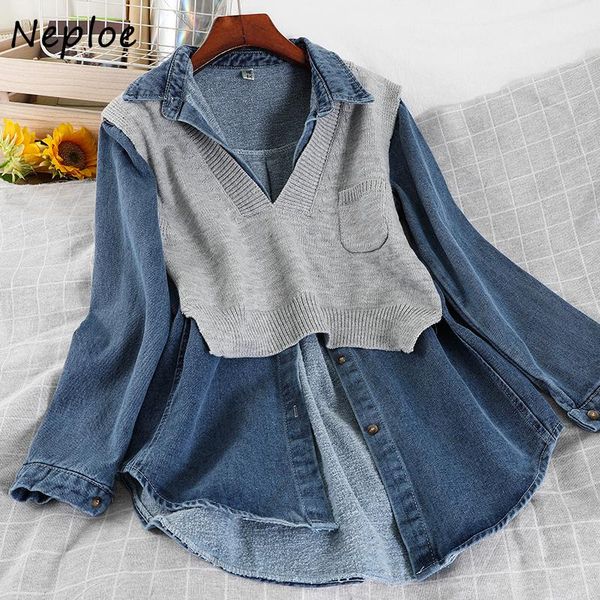 

women's blouses & shirts neploe hong kong style fake two piece women blouse loose denim coat chic turn-down collar knitted patchwork fe, White