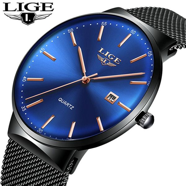 

wristwatches lige men's watches luxury sport watch men fashion quartz stainless steel mesh strap ultra thin dial date blue clock, Slivery;brown