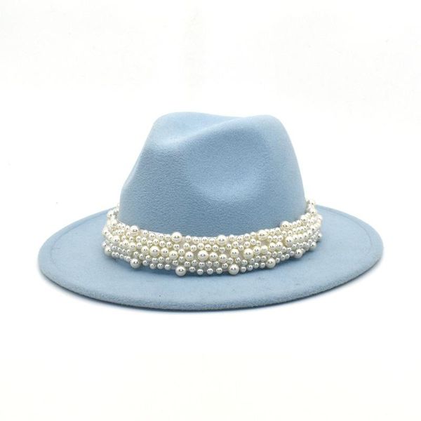 

wide brim hats women fedora hat pearl chain solid formal dress wedding men jazz winter spring autumn wholesale, Blue;gray