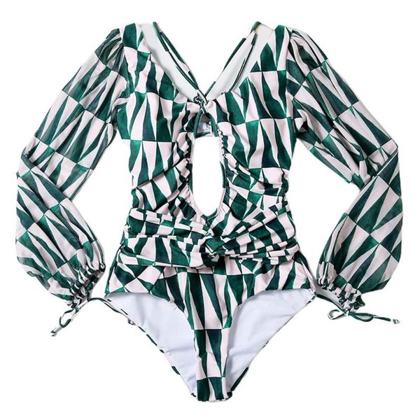 

2021 new women one-piece hollow out leaves print bikini puff sleeve v-neck swimsuit