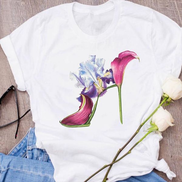 

graphic high shoes aesthetic floral women t shirt flower printed clothing tees print womens, White