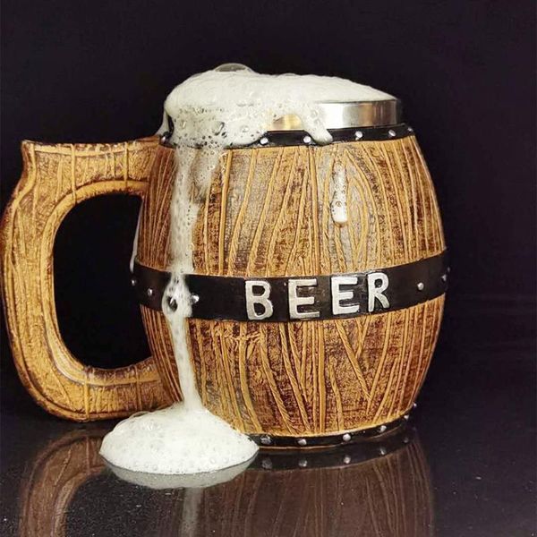 

mugs handmade wooden beer cup tankard made of wood and stainless steel for men barrel retro design