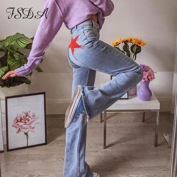 

women's jeans fsda vintage high waist jean women y2k wide leg autumn 2021 print long trousers fashion casual denim pants, Blue