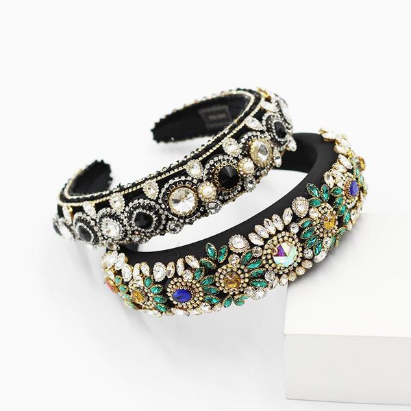 

retro baroque full rhinestone headband women thickened sponge colored man-made diamonds beautiful wide-brim bangs hair accessory, Golden;silver