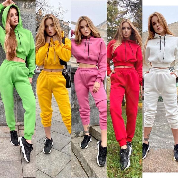 

women's two piece pants autumn winter women fashion sport casual hoodies set 2021 hooded pullover+elastic waist pant suit female tracks, White