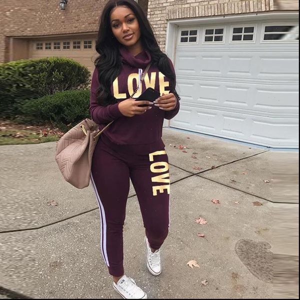 

paris girl 2 piece set women black outfit love letter print high neck hoodies sweatshirt pants tracksuit streetwear casual, Gray