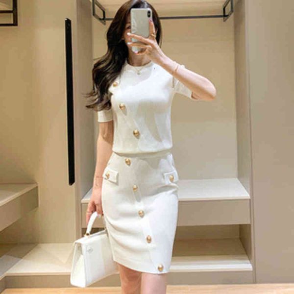

two piece dress [ewq] korea chic casual trendy women o neck button-decorated short-sleeved t-shirt + fashion skirt 2 piece set bq4x, White