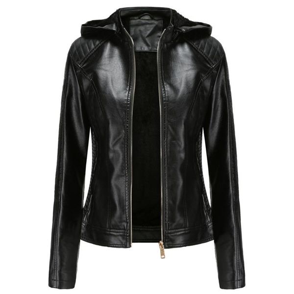 

women's leather & faux 2021 autumn winter plush black long coat hooded motorcycle jacket women casual suede ladies coats
