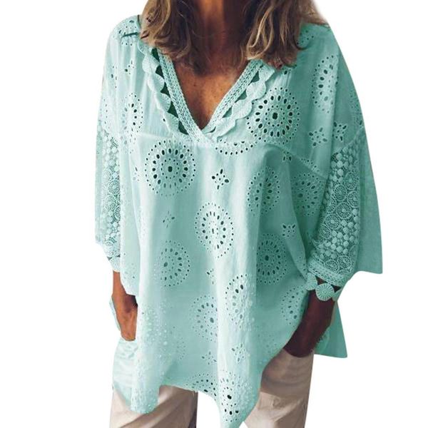 

jocoo jolee summer women lace blouse elegant hollow out irregular shirt sleeve v neck loose blouse casual, White