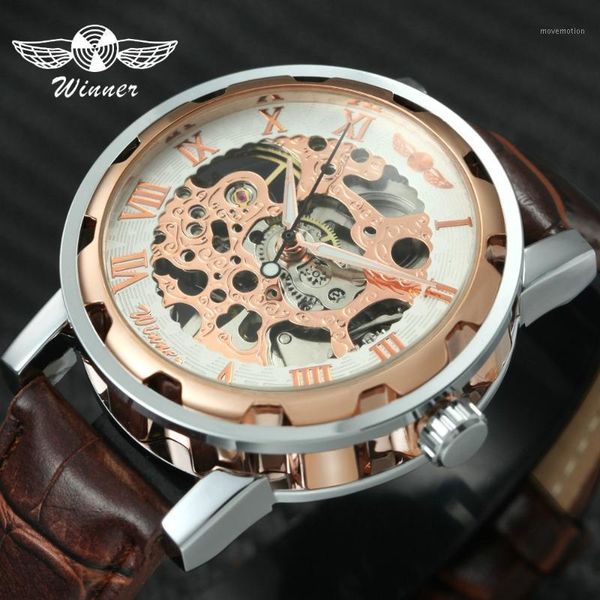 

2021 winner fashion women men mechanical watch leather watchband stainless steel case skeleton dial wristwatch for ladies1, Slivery;brown