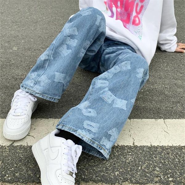 

women's jeans 2021 high waist street ins tide hip hop american printed light-colored women, Blue