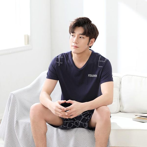 

men's pajamas summer 100%cotton pajama set pijama hombre short sleeve o-neck casual loose soft male sleepwear homewear clothes, Black;brown