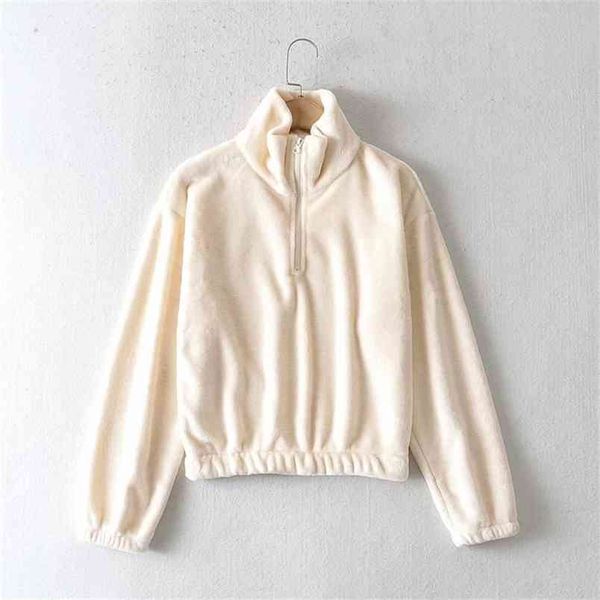 

women fashion simplicity fuzzy pullover female solid color high neck zipper decoration elastic hem hoodies 210531, Black