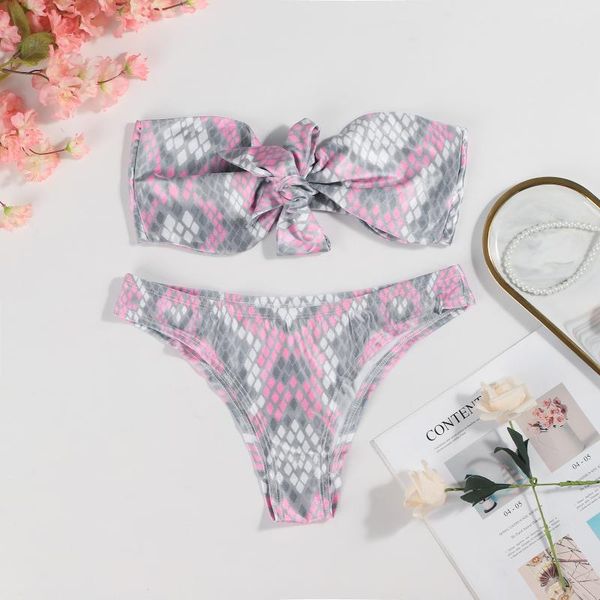 

women's swimwear print tube bikini set push-up padded bra beach swimsuit tanga mujer high waist bow tie, White;black