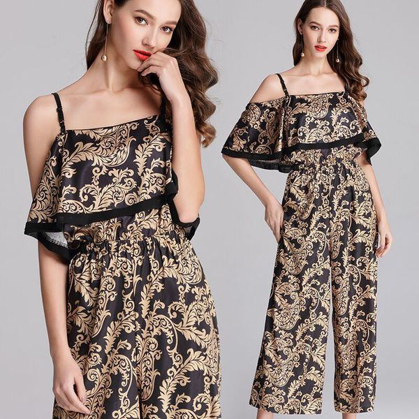 

women's jumpsuits & rompers bohemian vintage print women off shoulder summer elegant long bodysuit ruffles playsuits female overalls, Black;white