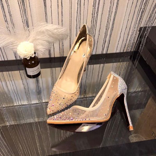

dress shoes 2021 women's pointed toe mesh high heel woman pumps slip-on stiletto heels shoe party wedding large size41, Black