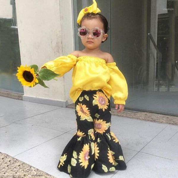

(6m-3y) girls and children european american long-sleeved off-the-shoulder + sunflower print flared pants two-piece set clothing sets, White
