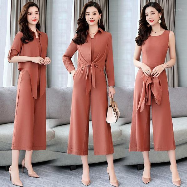 

women's tracksuits 2021 summer women chiffon shirt+jumpsuit sets lady two pieces elegant long sleeve blouse and wide leg pant trousers, Gray