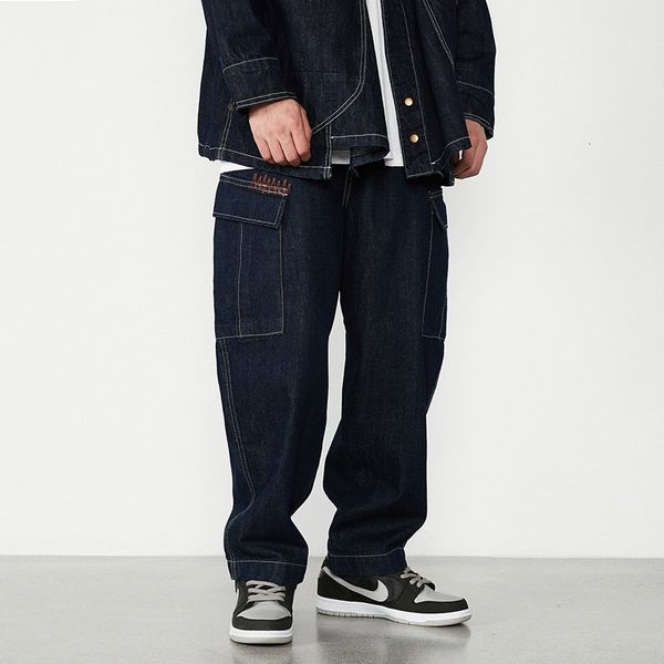 

men's jeans autumn multi-pocket men japan streetwear fashion hip hop loose casual denim cargo pant male trousers ri15, Blue