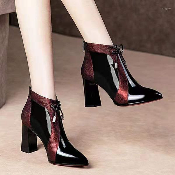 

women high heel ankle boots autumn / winter warm shoes woman pointed toe chunky wine blue-red color matching1, Black