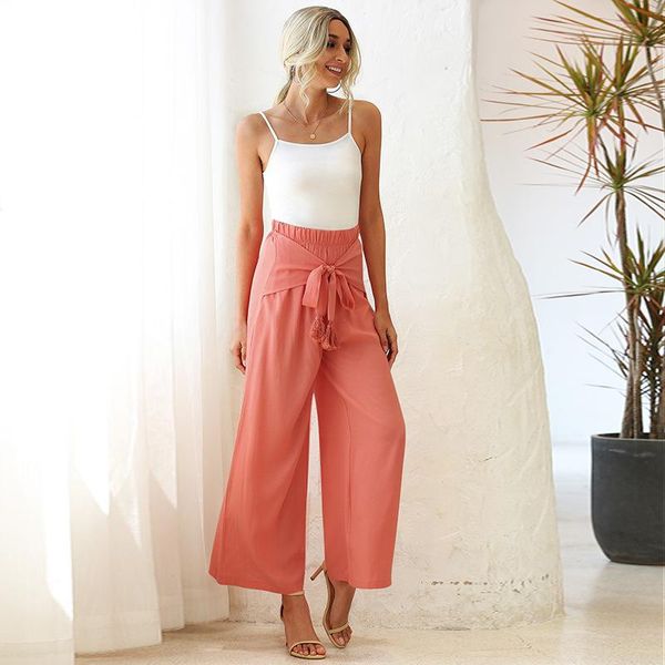 

women's pants & capris summer wide leg for women casual elastic high waist 2021 fashion loose bohemian long sashes pant trousers femme, Black;white