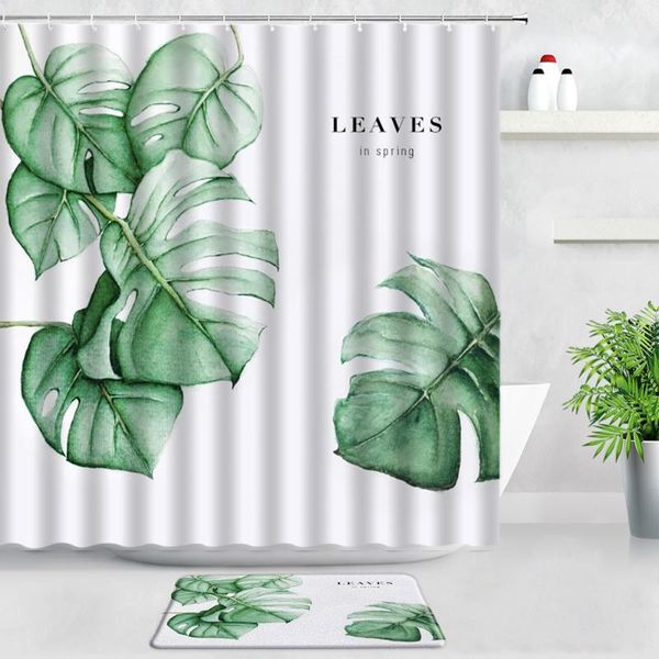 

shower curtains 2pcs green leaves monstera set tropical plant palm leaf flannel bathroom door rug non-slip kitchen mats bath mat