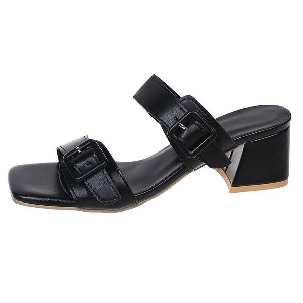 

sandals black white women's beach buckle open toe square heels genuine leather summer zapatillas casa mujer sapato feminino 43