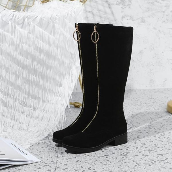 

boots oversized -13 thigh high knee over the women ladies square and round head front zipper, Black