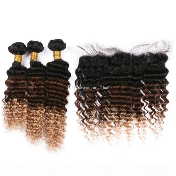 

deep wave ombre hair with lace frontal 1b 4 27 three tone hair 3bundles brazilian virgin hair with ear to ear lace frontal, Black;brown